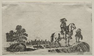 Várias figuras e paisagens: um cavaleiro perdido que investiga o caminho, 1649. de Stefano della Bella