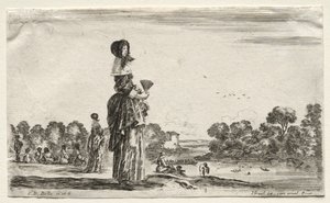 Várias figuras e paisagens: mulheres assistindo banhistas ao longo de um rio, 1649. de Stefano della Bella