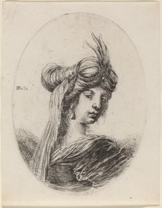 Mulher em um turbante emplumado com um véu, virado à direita, 16491650. de Stefano della Bella