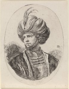 Mouro jovem com barba rala e turbante emplumado, virado à esquerda de Stefano della Bella