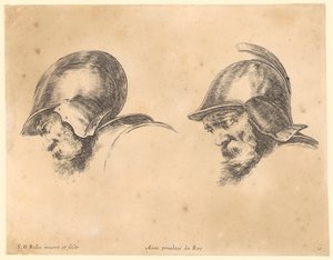 Dois retratos de homens barbudos com capacete, de perfil para a esquerda