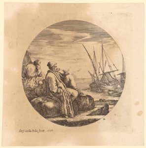 Dois comerciantes turcos descansam na margem, ao lado das barcas de Stefano della Bella