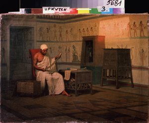 Pretre egyptien lisant un rouleau de papyrus (sacerdote egípcio lendo um rolo de papiro). Peinture de Stepan Vladislavovich Bakalovich (1857-1947). Huile sur toile, 37 x 50 cm, apres 1903. Art russe, fin 19th debut 20 siecle. Museu Estatal de Arte, Irkouts