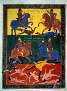 Os Quatro Cavaleiros do Apocalipse. O anjo toca a sexta trombeta: o aparecimento de cavalos com a cabeça de leão a cuspir fogo, cavaleiros montados com navios de guerra. Um terço dos homens perece. Miniatura em "Beatus de Liebana, Comentário sobre o Apocal de Stephanus Garcia
