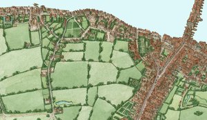 Bankside e Southwark, Londres, cerca de 1600-25, 2021 (tinta e aguarela, digital) de Stephen Conlin