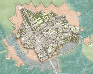 Oxford moderna sobre as defesas da Guerra Civil, c.1644-1646 (tinta, aguarela, edição digital) de Stephen Conlin