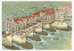 Ponte velha de Londres (parte central), c.1580-1600 (tinta e aguarela) de Stephen Conlin