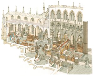 A parte oriental da Abadia de Westminster pouco antes da Reforma, c.1500-1525 (tinta e aguarela) de Stephen Conlin