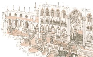 O coro da abadia de Westminster aquando da coroação do rei Henrique IV em 1399, 2023 (tinta e aguarela) de Stephen Conlin
