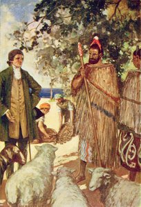 Capitão Cook (1728-79) presenteia os nativos com algumas ovelhas e cabras, ilustração de 