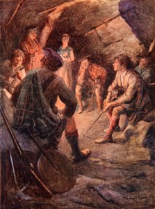 Highlanders armados sentam-se ao redor do fogo e fazem planos para Bonnie Prince Charlie