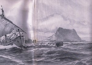 Submarino alemão viajando pelo estreito de Gibralter a caminho de Dardenelles, de The Illustrated History of the World War 1914-1915 pub. por Union Berlagsefellfchaft