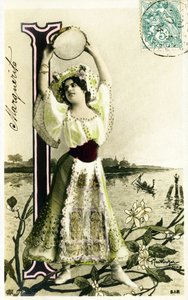I: Mlle Fischer, artista dos anos 1900 - AAlfabeto em cartão postal de Studio Reutlinger