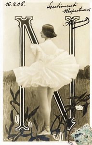 N: Cleopatre Diane de Merode, chamada Cleo de Merode, dançarina da Belle Epoque, formada na Opera de Paris - Theatre des Folies Bergere, Paris - Alfabeto em cartão postal