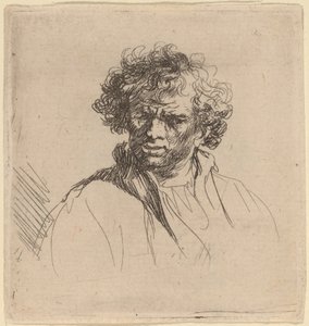 Homem de cabeça encaracolada com uma boca torta de Studio of Rembrandt van Rijn