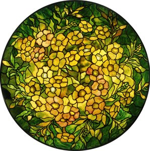 Lustre com chumbo de um lustre &39;Alamander&39; com flores âmbar e folhas verdes, século 20 (bronze, vidro com chumbo)