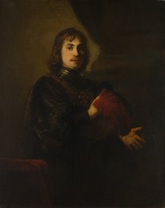 Retrato de um homem com um peitoral e chapéu emplumado.