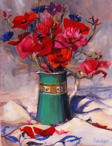 Papoulas e cornflowers em jarro verde, de 1994,