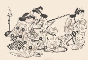 Samurai e cortesã sentados, um servo ao lado deles, ca. 1685., c. 1685.