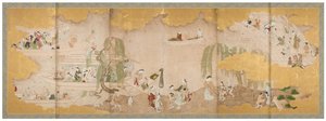 Piquenique sob cerejeiras em flor e
Passeio de barco no rio, meados do século XVIII (par de telas de seis painéis; tinta, cor e ouro
sobre papel) de Sukenobu Nishikawa