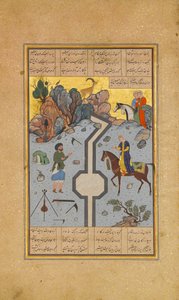 Farhad esculpe um canal de leite para Shirin, Folio 74 de um Khamsa Quintet..., A.H. 931A.D. 1524-25. Criadores: Sultan Muhammad Nur, Mahmud Muzahhib, Shaikh Zada. de Sultan Muhammad Nur, Mahmud Muzahhib, Shaikh Zada