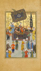 Khusrau Sentado em seu Trono, Fólio 64 de um Khamsa Quinteto de Nizami, A.H. 931AD. 1524-25. Criadores: Sultan Muhammad Nur, Mahmud Muzahhib, Shaikh Zada. de Sultan Muhammad Nur, Mahmud Muzahhib, Shaikh Zada