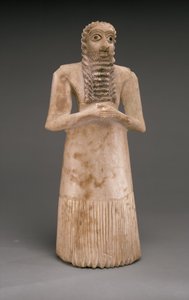 Adorador Masculino Permanente, Dinastia Primitiva, c.2900-2600 aC (alabastro de gesso, concha, pedra calcária preta, betume) de Sumerian