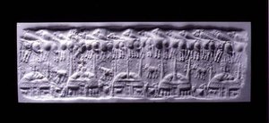 Impressão de selagem de cilindro com cabo, Uruk (agora Warka, Iraque), c.3300-3000 BC (gesso)
