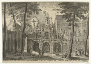 Stellage erguido em Antuérpia por ocasião da canonização de Pedro de Alcântara em 1669 Representação da pedra-rocha em honra de São Pedro Alcântara na Canonização do X. Set. MDCLXIX para Antuérpia (título no objeto) de Susanna Verbruggen (possibly)