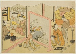 Uma xícara de saquê antes de dormir (Toko sakazuki), a sexta folha da série "Casamento em estampas de brocado, a carruagem da mulher virtuosa (Konrei nishiki misao-guruma)" de Suzuki Harunobu