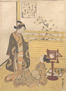 Um adolescente e uma menina com um espectador para uma foto óptica Nozoki-karakuri, Kobo Da..., ca. 1788. de Suzuki Harunobu