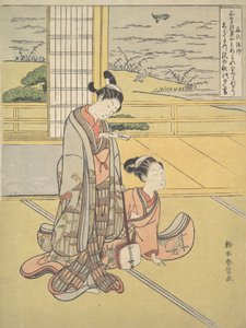 Um jovem e uma mulher com um Shamisen, Monk Saigyo, de uma série alusiva ao Thre..., c. 1768. de Suzuki Harunobu