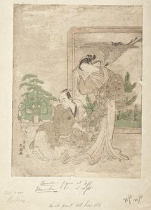 Ator e cortesã parodiando a cena da remoção da armadura da história dos irmãos Soga de Suzuki Harunobu