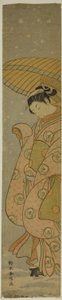 Beleza sob um guarda-chuva na neve de Suzuki Harunobu