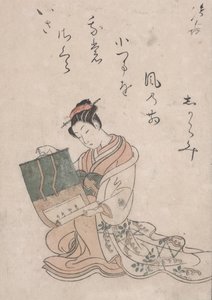 Beauty Unrolling Scroll, c.1770 (xilogravura colorida em papel japonês) de Suzuki Harunobu