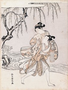 Casal nas margens do rio, por Suzuki Harunobu (1725-1770), tinta e cores, Japão, Civilização Japonesa, período Edo de Suzuki Harunobu