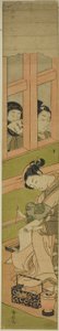 Cortesã escrevendo uma carta enquanto dois homens observam através de uma treliça de janela de Suzuki Harunobu