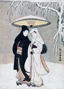 Corvo e garça-real, ou jovens amantes caminhando juntos sob um guarda-chuva em uma tempestade de neve, c1769.
