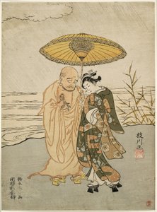 Daruma e uma jovem na chuva de Suzuki Harunobu