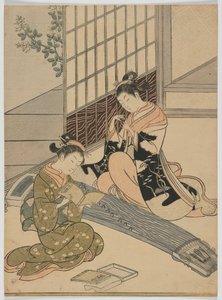 Gansos descendentes do Koto, período Edo, c.1766 (impressão em xilogravura a cores) de Suzuki Harunobu