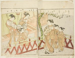 Ilustração de página dupla do vol. 2 de "Livro de imagens de brocados de primavera (Ehon haru no nishiki)" de Suzuki Harunobu