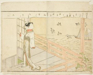 Ilustração de página dupla do vol. 2 de "Livro de imagens de brocados de primavera (Ehon haru no nishiki)" de Suzuki Harunobu