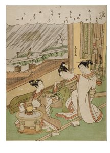 Moda 7 Komachis -Komachi Amagoi, c.1772-1773 (impressão em xilogravura sobre papel) de Suzuki Harunobu