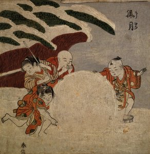 Quatro, meninos, fazer, snowball, c.1768, (color, woodblock, print) de Suzuki Harunobu