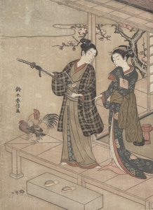 Cavalheiro despedindo-se de sua dama em uma varanda. de Suzuki Harunobu