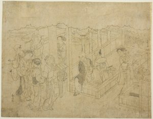 Impressão em bloco de chaves para A Introdução (Miai), a primeira folha da série "Casamento em estampas de brocado, a carruagem da mulher virtuosa (Konrei nishiki misao-guruma)" de Suzuki Harunobu
