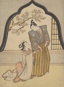 Amantes se vestindo ao lado de uma janela de Suzuki Harunobu