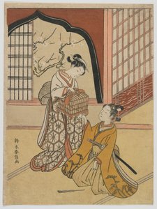 Amantes com uma gaiola de pássaros, período Edo, c.1766-67 (impressão xilogravura colorida) de Suzuki Harunobu