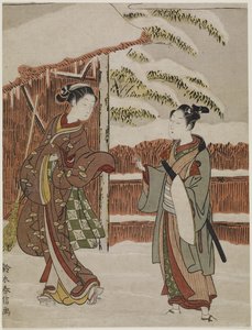 Mite de uma cena do Kabuki Play Versão Feminina de Ptted Trees, c. 1768 de Suzuki Harunobu