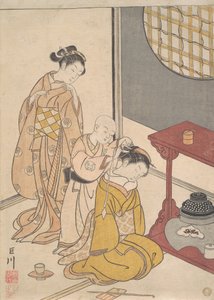 Chuva Noturna na Bancada Dupla, c.1766 (impressão em xilogravura) de Suzuki Harunobu